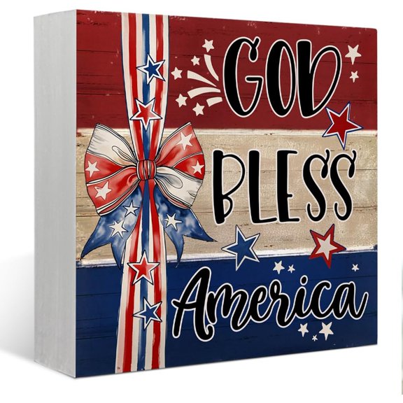 Patriotic Decorations, 4th of July Decor Tabletop Signs with American Flag Star Pattern for Independence Day, Home Bookshelf Office Desktop Decoration, 12.7CM PVC Tiered Tray Decor
