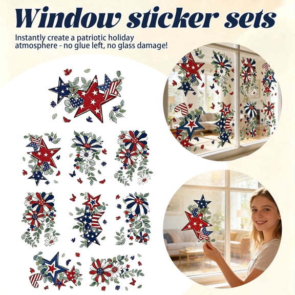 Patriotic Decorations, Fourth of July Decorations, Daisy Decorations, Butterfly Decor, Heart Decorations for Home, Red White Blue Accents, Static Cling Window Decals, 8 Pc, Summer