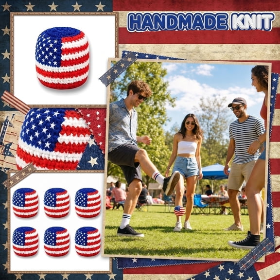 Patriotic Decorations Outdoor, Footbag, 4Th of July Yard Decorations, Party Game, 2.5 Inch Handmade Knit Usa Flag Footbag for Summer 4Th of July Gatherings and Group