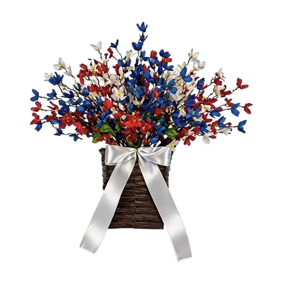 Patriotic Decorations A Red White And Blue Floral Basket With A Patriotic Theme For Suitable For Placing On A Front Porch A Summer Independence Day Decoration.
