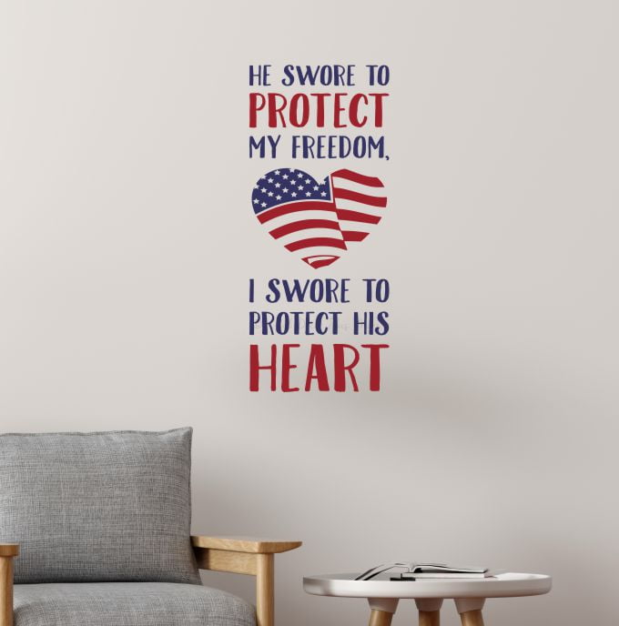 Patriotic Decorations for Wall Sticker Decal Soldier Protect Freedom Heart Military Quote 10x23-Inches Deep Blue/Red