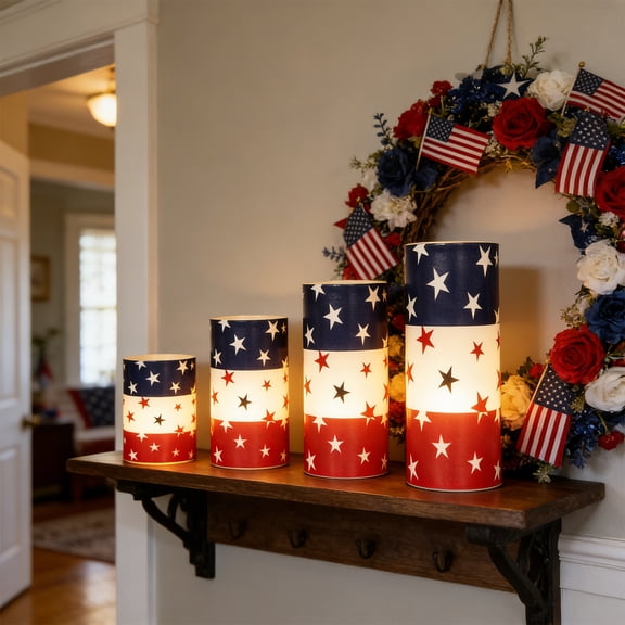 Patriotic Decorative Candle Holder Set With Star Print Metal Sleeve For Independence Day Table Centerpiece Party Home Mantel Shelf Holiday Celebration Decor Accent CylindersMulticolor