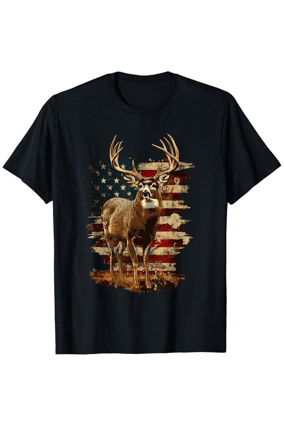 Patriotic Deer American Flag Men's Graphic T-Shirt Vintage Hunting Buck Tee