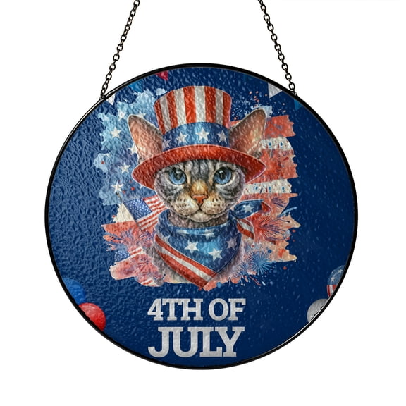 Patriotic Devon Rex Celebrates 4th of July Stained Glass Suncatcher Cat Lover Kitten Owner Gifts Window Hanging Sign Decor - 02009