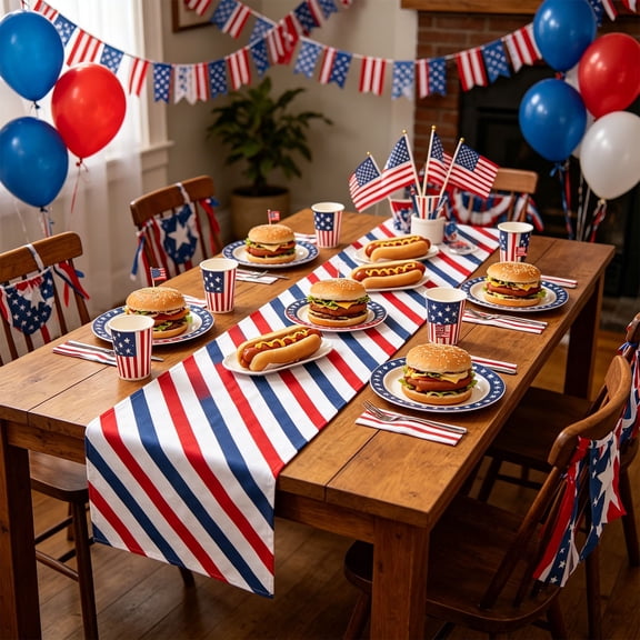 Patriotic Diagonal Striped Table Runner 60 Inch Water-resistant Polyester for 4th of July Backyard BBQ Kitchen Dining Party Decor