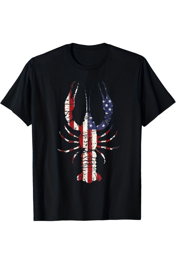 Patriotic Distressed American Flag Lobster Graphic T-Shirt USA Pride Seafood Lover Nautical Marine Summer Vacation Apparel