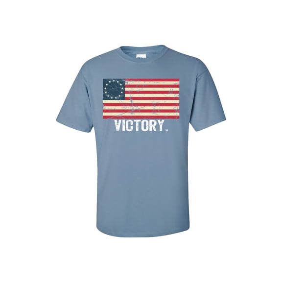 Patriotic Distressed Betsy Ross Flag Victory Adult Short Sleeve T-Shirt-Stone Blue-Small