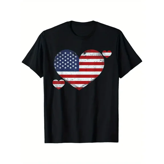 Patriotic Distressed US Flag Heart Graphic Unisex Short Sleeve Casual T-Shirt