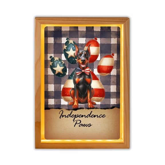 Patriotic Doberman Pinscher 4th of July Independence Paws Acrylic Plaque with Wood Photo Frame Box Doberman Dog Lover Gifts Light Box - 02010