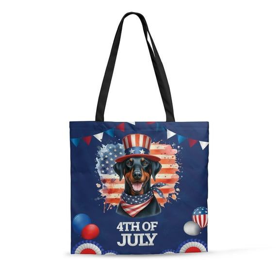 Patriotic Doberman Pinscher Celebrates 4th of July All Over Print 3D Canvas Tote Bag Doberman Dog Lover Gifts Reusable Handbag - 02009