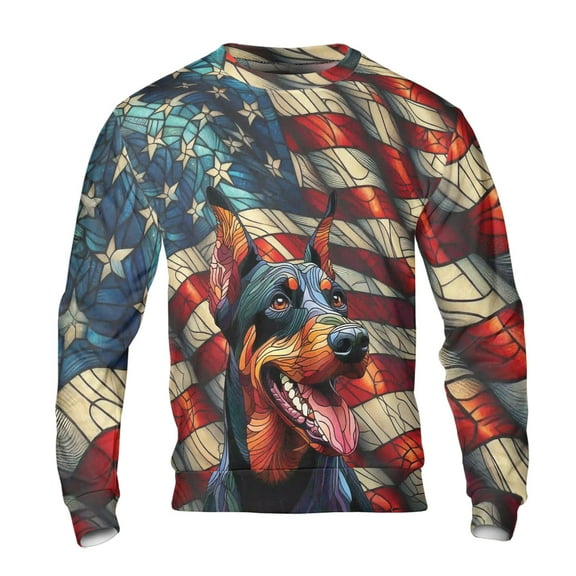Patriotic Doberman Pinscher Stained Glass Portrait American Flag All Over Print 3D Sweatshirt Unisex Merch Doberman Dog Lover Gifts - 01010