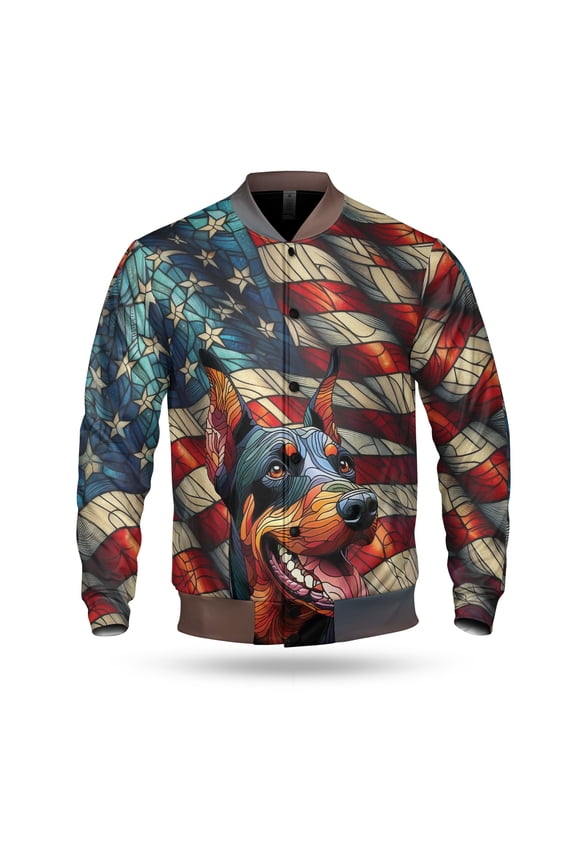 Patriotic Doberman Pinscher Stained Glass Portrait American Flag All Over Print 3D Baseball Jacket Doberman Dog Lover Gifts Bomber Jacket Softball - 01010