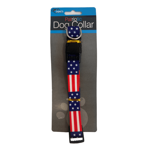 Patriotic Dog Collar, Adjustable Nylon, Red, White and Blue USA Flag Design, Sturdy with Side Squeeze Latch and Metal Leash Hook, Perfect for 4th of July, Expands Up to 20 in, Medium