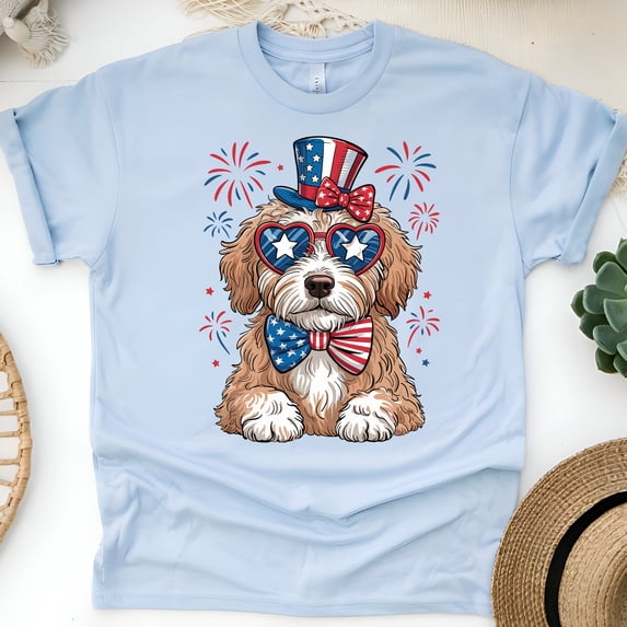Patriotic Dog Shirt – Cute 4th of July USA Pup with Hat, Bowtie & Sunglasses Tee, Light Blue, Size 2XL