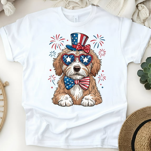Patriotic Dog Shirt – Cute 4th of July USA Pup with Hat, Bowtie & Sunglasses Tee, White, Size S
