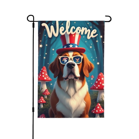 Patriotic Dog Welcome Garden Flag 12x18 Inch Double Sided – Adorable Saint Bernard With Uncle Sam Hat & Sunglasses, Enchanting Mushroom & Starry Night Outdoor Yard Decoration