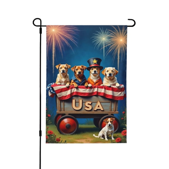 Patriotic Dogs Garden Flag USA Flag Double Sided 12x18 InchIndependence Day Outdoor Yard DecorationsSummer CelebrationPuppies With Fireworks House Flag