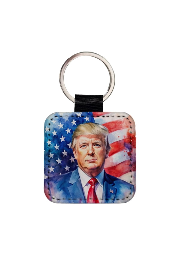 Patriotic Donald Trump American Flag Background Watercolor Faux Leather Square Keychain