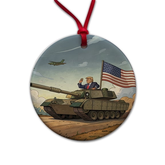 Patriotic Donald Trump Driving M1 Abrams Tank Funny Christmas Tree Holiday Round Ceramic Ornament