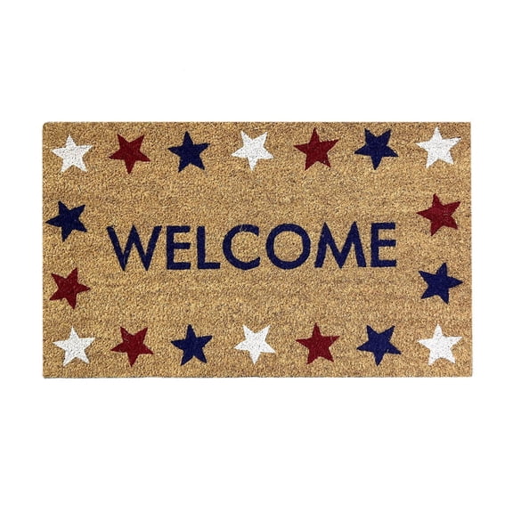 Patriotic Doormat Coir Mat with Red White Blue Stars Welcome Design, Non Slip Heavy Duty Door Mat for Front Door Outdoor Entryway, Independence Day 4th of July Party Decor