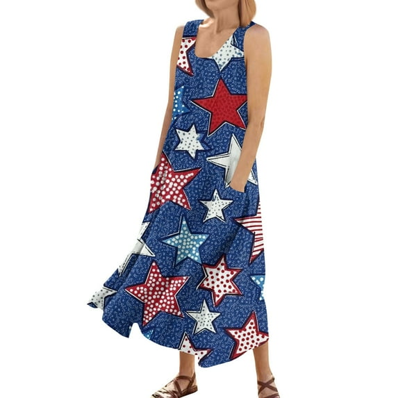 Patriotic Dress, 4Th Of July Casual Cotton Sleeveless Round Neck American Flag Ruffle Flowy Long Tank Tulle Dress Women Socks Dresses Spring For Cute Dresses Outfits Dresses (XXL, Blue) ZMTing