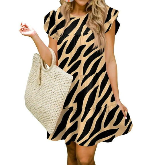 Patriotic Dress, Smocked Babydoll Flower Casual Round Neck Ruffle Sleeve Flowy Short Tunic Dress Corset Pants Maxi Dresses For Women 2024 Modest Mother Cocktail (XL, Complexion) ZMTing