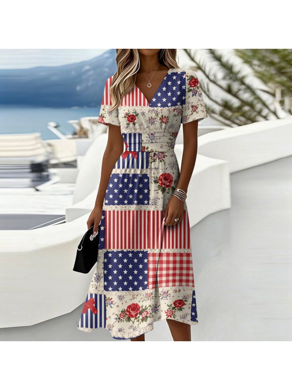 Patriotic Dresses for Women Midi American Flag Dress Short Sleeve V Neck Flowy Midi Dresses Star Stripes Print Summer Festival Party 2025