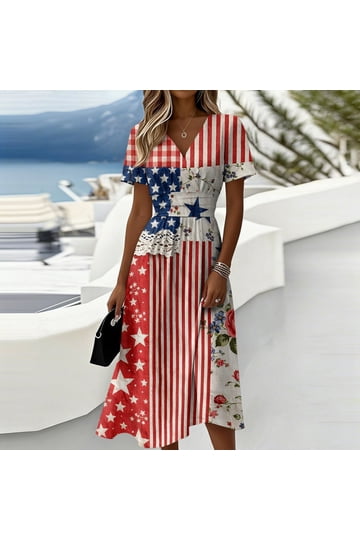 formal american flag dress Prom Dresses Patriotic Clothing Floral Print Dress
