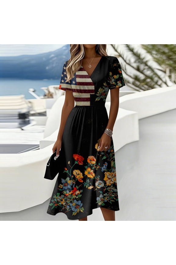 Patriotic Dresses for Women Midi American Flag Dress Short Sleeve V Neck Flowy Midi Dresses Star Stripes Print Summer Festival Party 2025