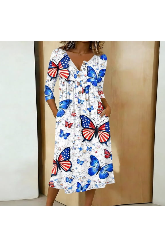 Patriotic Dresses for Women V-Neck 3/4 Sleeve Button Down A-Line Midi American Flag Dress Casual Summer Beach Vacation Sundress with Pockets