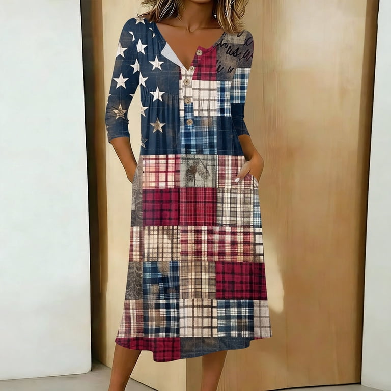 patriotic dresses for ladies Women V-Neck 3/4 Sleeve Button Down A-Line Midi American Flag Dress Casual Summer Beach Vacation Sundress with Pockets autotag_not_liquidation