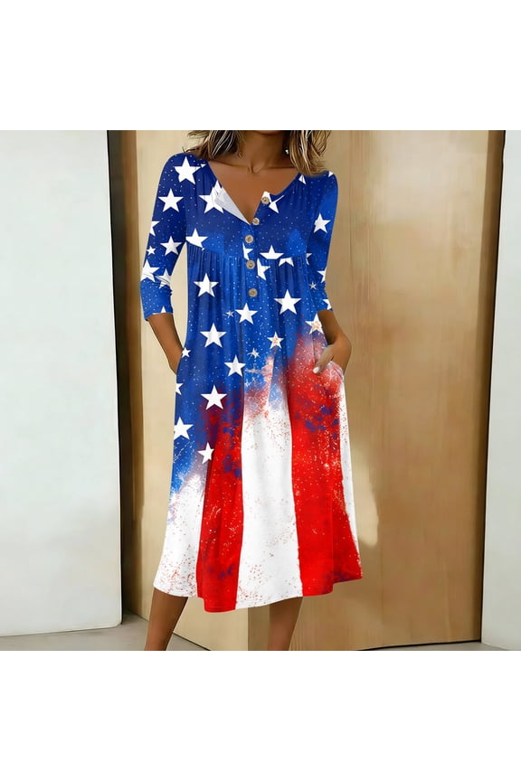 Patriotic Dresses for Women V-Neck 3/4 Sleeve Button Down A-Line Midi American Flag Dress Casual Summer Beach Vacation Sundress with Pockets