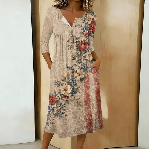 Patriotic Dresses for Women V-Neck 3/4 Sleeve Button Down A-Line Midi American Flag Dress Casual Summer Beach Vacation Sundress with Pockets