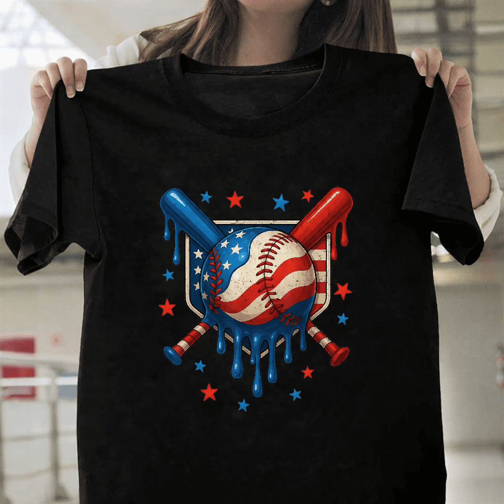 Patriotic Dripping Baseball Sports T-Shirt - USA Flag Inspired Graphic Tee, up to size 3XL.