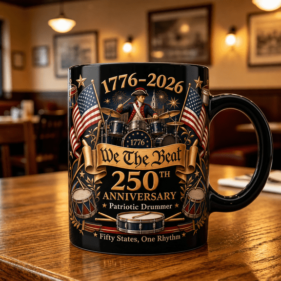 Patriotic Drummer Mug, America 250 Anniversary Coffee Cup Gift for Drum Lovers