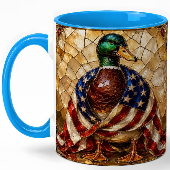 Patriotic Duck Coffee Mug, Stained Glass Bird Mug, Ceramic 11 oz
