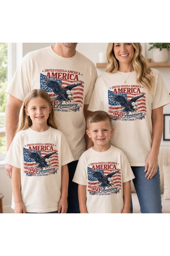 Patriotic Eagle 250th Anniversary Family Matching T-Shirt, USA America 1776-2026 4th of July Group Tee, Unisex Cotton
