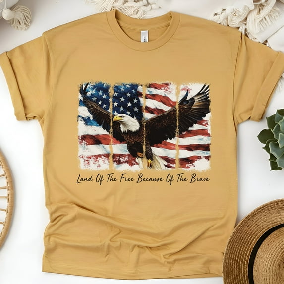 Patriotic Eagle American Flag Graphic T-Shirt | Land of the Free Quote Tee, Gold, Size M