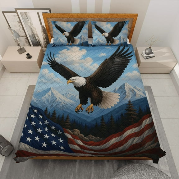 Patriotic Eagle American Flag Quilt Bedding Set - Patriotic USA Design for Bedroom Decor, 4th Of July, Veterans Day