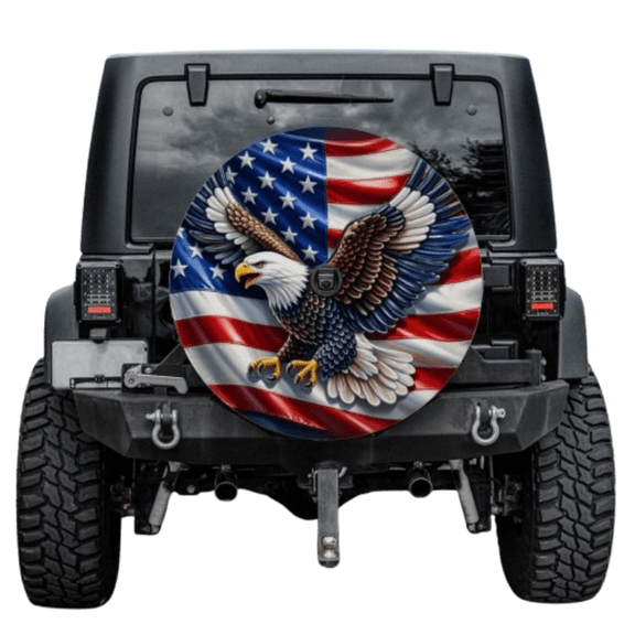 Patriotic Eagle And Flag Spare Tire Cover With Backup Camera Hole 6 Sizes (27 in.)
