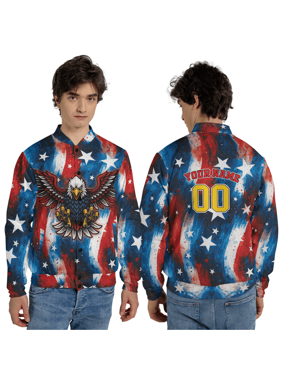 Patriotic Eagle Baseball Jacket, Blue White American Flag Eagle Jacket, USA Pride Outerwear