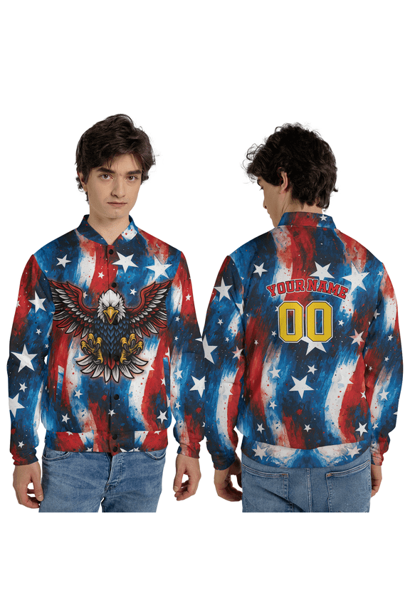 Patriotic Eagle Baseball Jacket, Blue White American Flag Eagle Jacket, USA Pride Outerwear