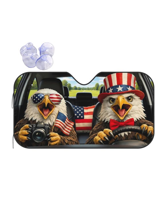 Patriotic Eagle Car Windshield Sunshade, Funny US Flag UV Heat Protection Visor for Truck SUV, Foldable Auto Front Window Shade with Suction Cups