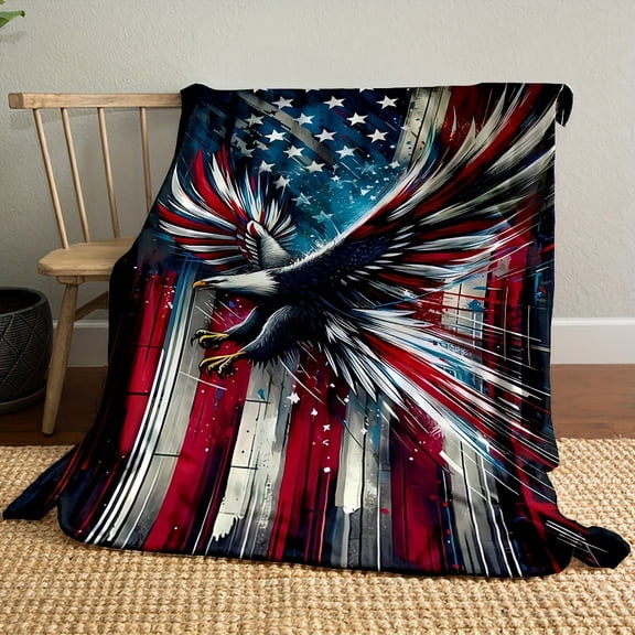 Patriotic Eagle Flannel Throw Blanket - Digital Printed Non-Woven Fabric, 100% Polyester, Country-Rustic Style with Cartoon Theme, Reversible, All-Season Comfort, 200-250g Square Weight