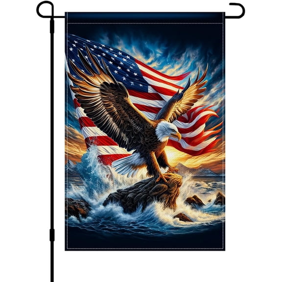 Patriotic Eagle Garden Flag 12x18 Inch Double Sided American Flag Bald Eagle Ocean Wave Burlap Garden Flag Farmhouse Yard Outdoor Banner for Porch Patio Lawn Independence Day Decoration