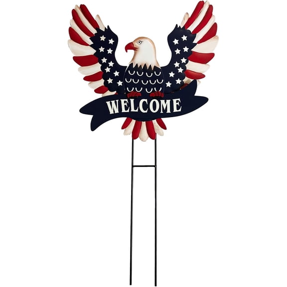 Patriotic Eagle Garden Stake Outdoor – Metal Yard Art with Welcome Banner and Stars, Red White Blue Metal a Yard Signs 4th of July Outdoor ations for Garden or Lawn