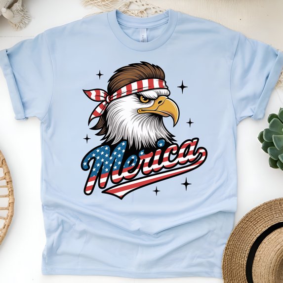 Patriotic Eagle Graphic Tee – ’Merica Bandana Shirt for Men & Women, Light Blue, Size 2XL
