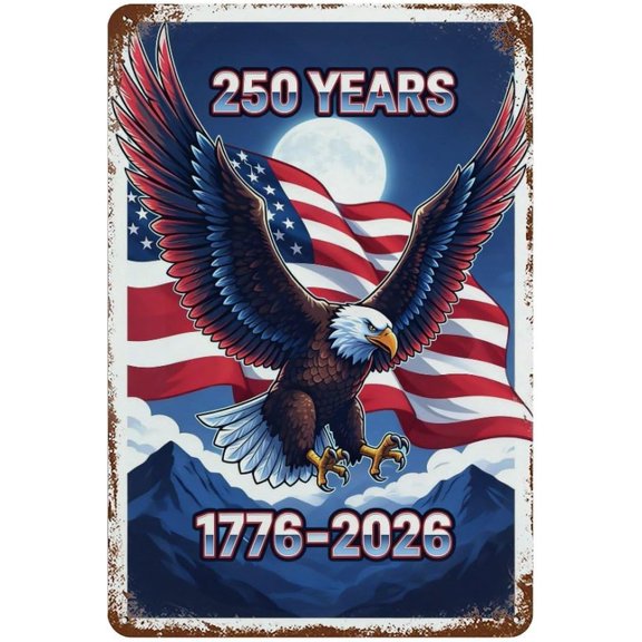 Patriotic Eagle Mountain Moon Metal Wall Decor Plaque USA Flag Design 8x12 Inch for Home Garage Bar Cafe