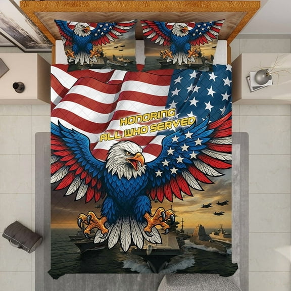 Patriotic Eagle Quilt Bedding Set - Honoring All Who Served, American Flag Military Quilt Set, Bald Eagle Quilt Blanket & Pillowcases for Veterans and Patriotic Home Décor Gift for Heroes