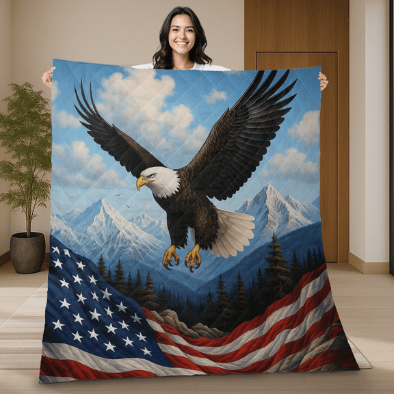 Patriotic Eagle Quilt Blanket – American Flag Mountain Landscape Quilt – Bald Eagle USA Freedom Blanket – 4th of July or Veteran's Day Gift